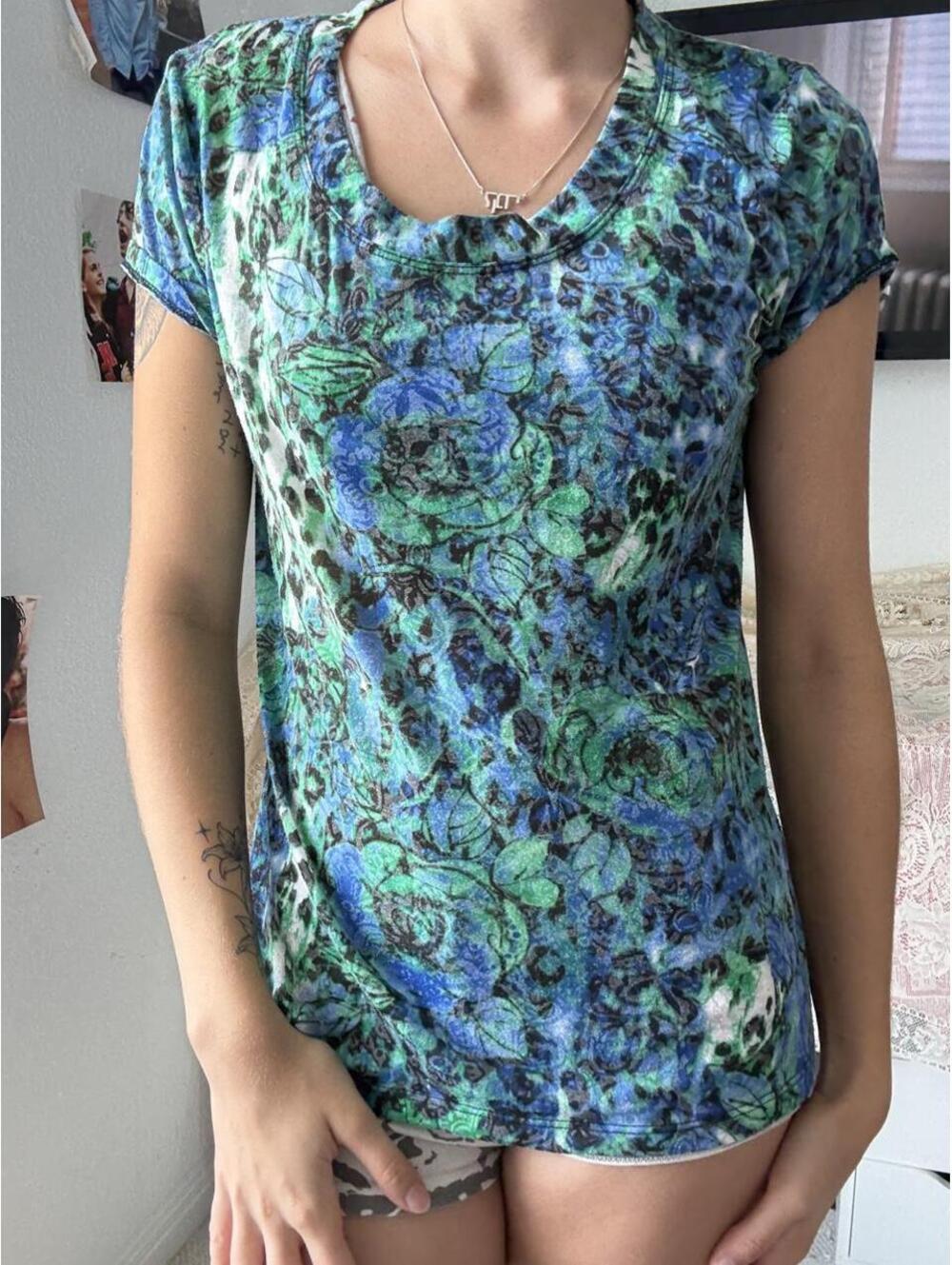 Y2K blue and green floral print baby tee
